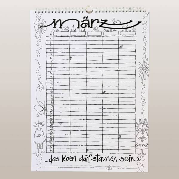 familienplaner-kalender-schwarz-weiss-5-spalten-einzigartig-geschenk-ausmalen-maerz-vorderseite